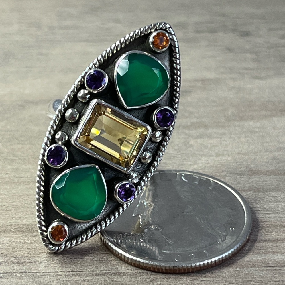 Nicky Butler Sterling Silver Green Chalcedony and Citrine Multi Gem Shield Ring